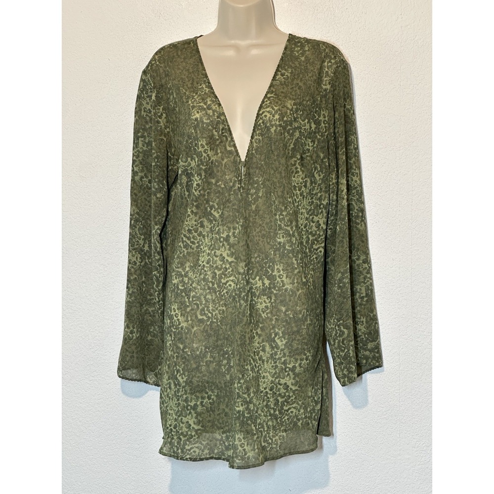 Vtg Y2K Victorias Secret Semi Sheer‎ Green Cheetah Chiffon Sleep Top Lounge Boho